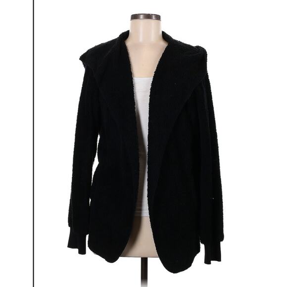 black forgotten grace fuzzy hooded cardigan sweater LARGE open front pockets - Picture 1 of 2